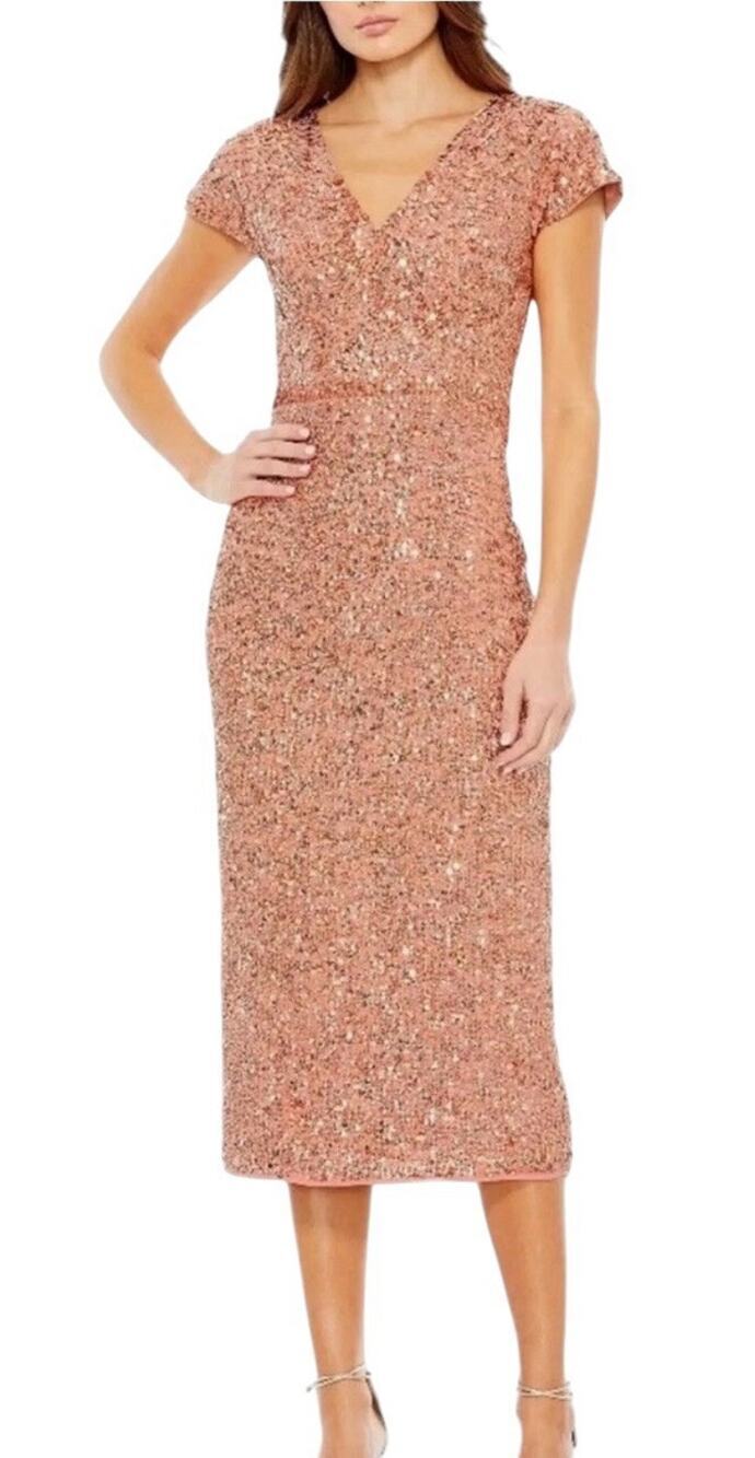 Mac Duggal 10766 Copper Sequin V-Neck Cap Sleeve Midi Dress Size 8 $298